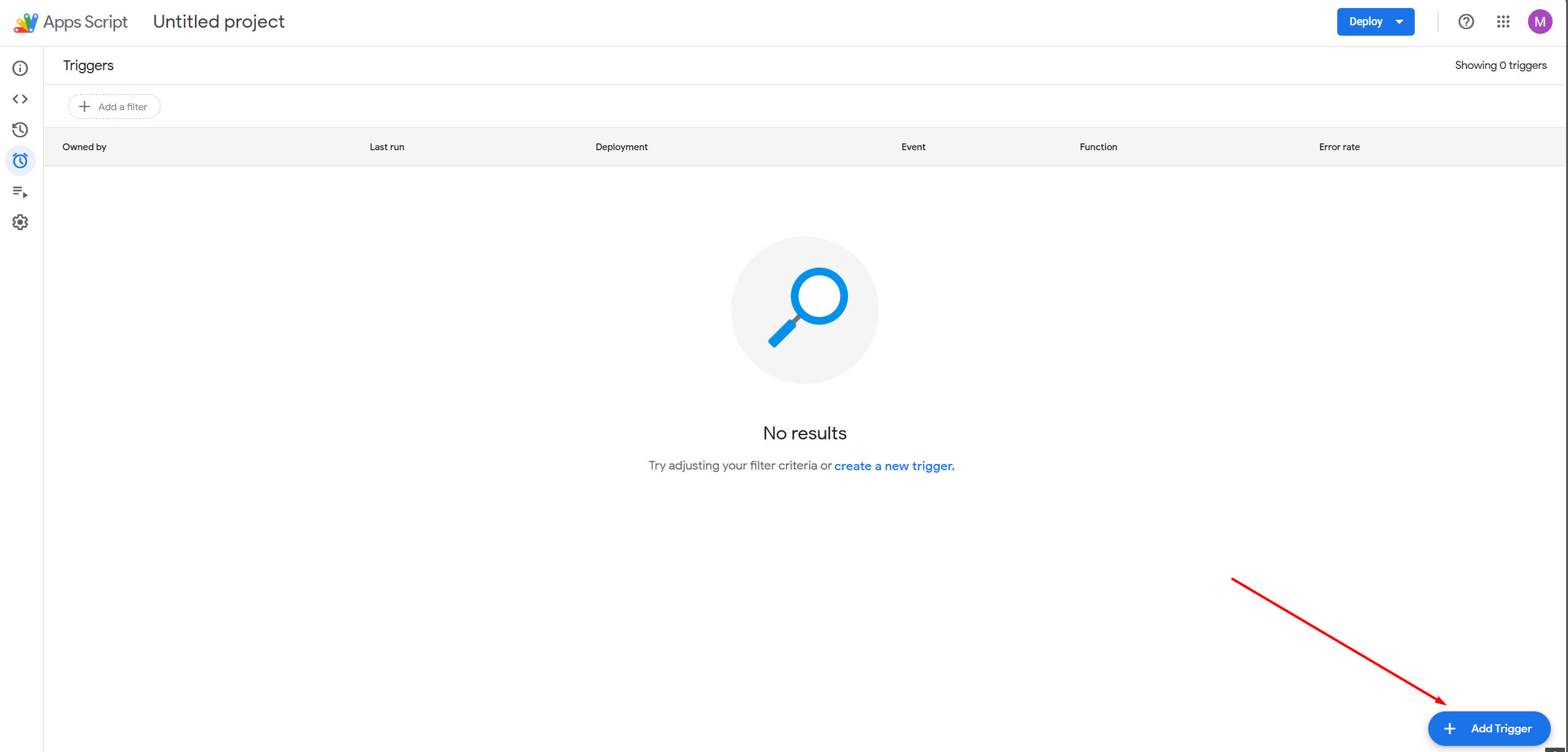 Apps Script Triggers page with Add Trigger button