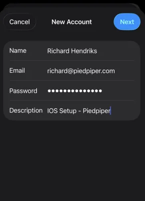 iOS's New Account screen with the name, custom-domain email, password, and description filled in