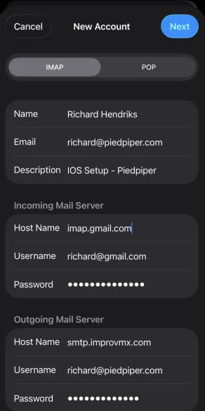 The IMAP tab with imap.gmail.com for incoming and smtp.improvmx.com for outgoing