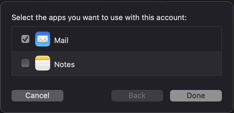 Mail's services sheet with only Mail checked and Notes unchecked
