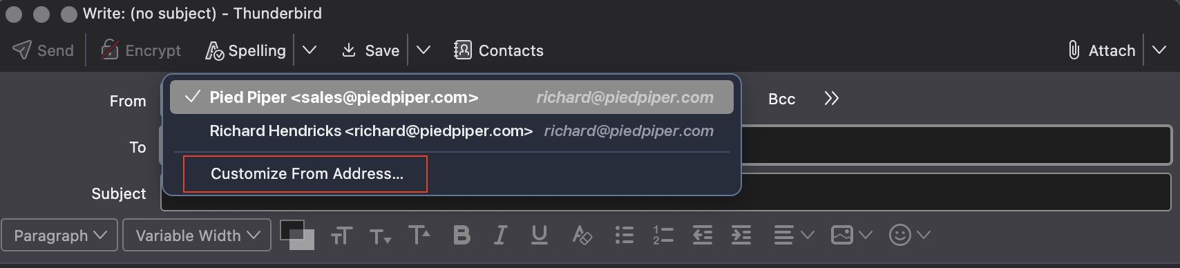 Customize From Address in Thunderbird's From menu